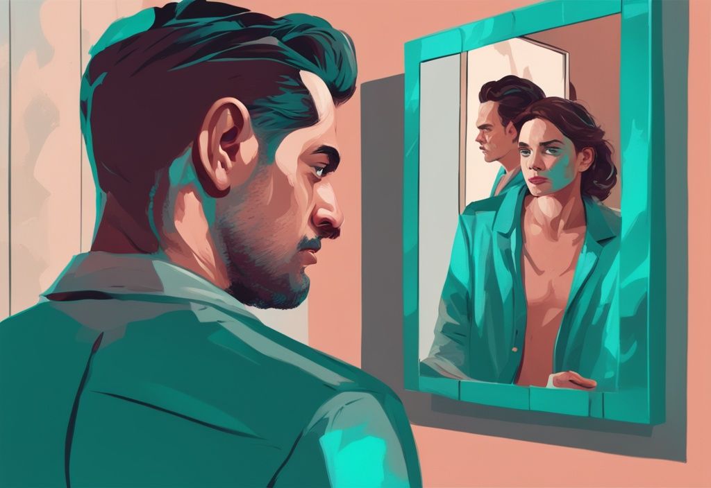 Modern digital painting illustration in teal with a man peering at his reflection in a mirror while a woman stands behind him looking upset and ignored, depicting the concept "am I dating a narcissist".