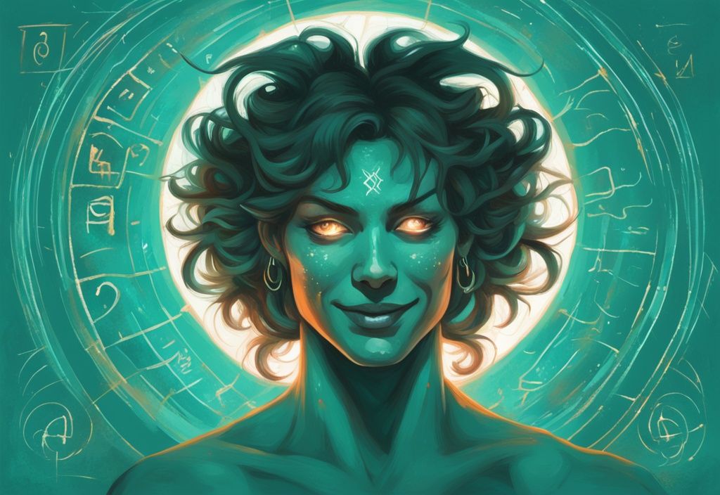 Modern digital painting with teal theme, divine light revealing person with devilish grin, surrounded by symbolic numerals 1 to 16 representing signs of narcissism; 16 signs God is exposing a narcissist in your life.