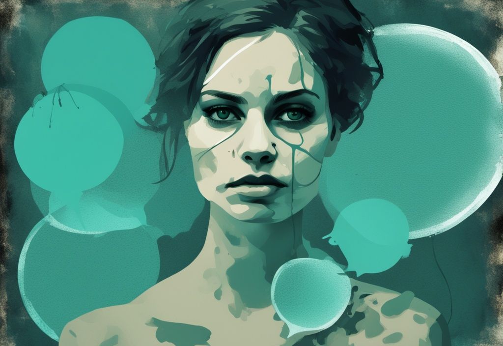 Modern digital painting of a faded photograph of a stern-faced woman with toxic narcissistic mother quotes in ominous bubbles, teal color theme.