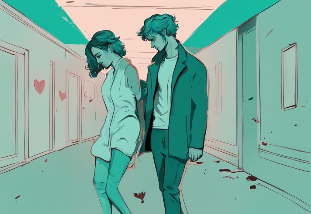 Modern digital painting of a narcissist discard, showing a narcissist walking away from a distressed person holding a broken heart, with a teal color theme.