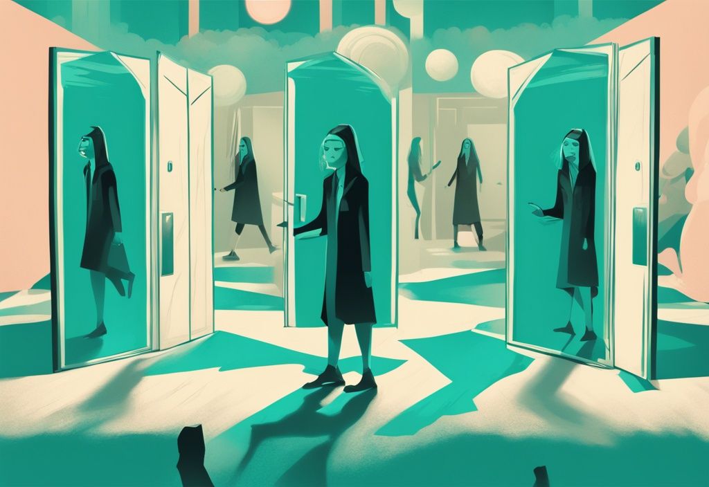 Modern digital painting in teal showing a person with nine doors labeled "Hoovering," "Guilt-tripping," "Idealization," "Future faking," "Triangulation," "Love bombing," "Jealousy tactics," "Reactive abuse," and "Hoover attempts," illustrating signs a narcissist will come back.