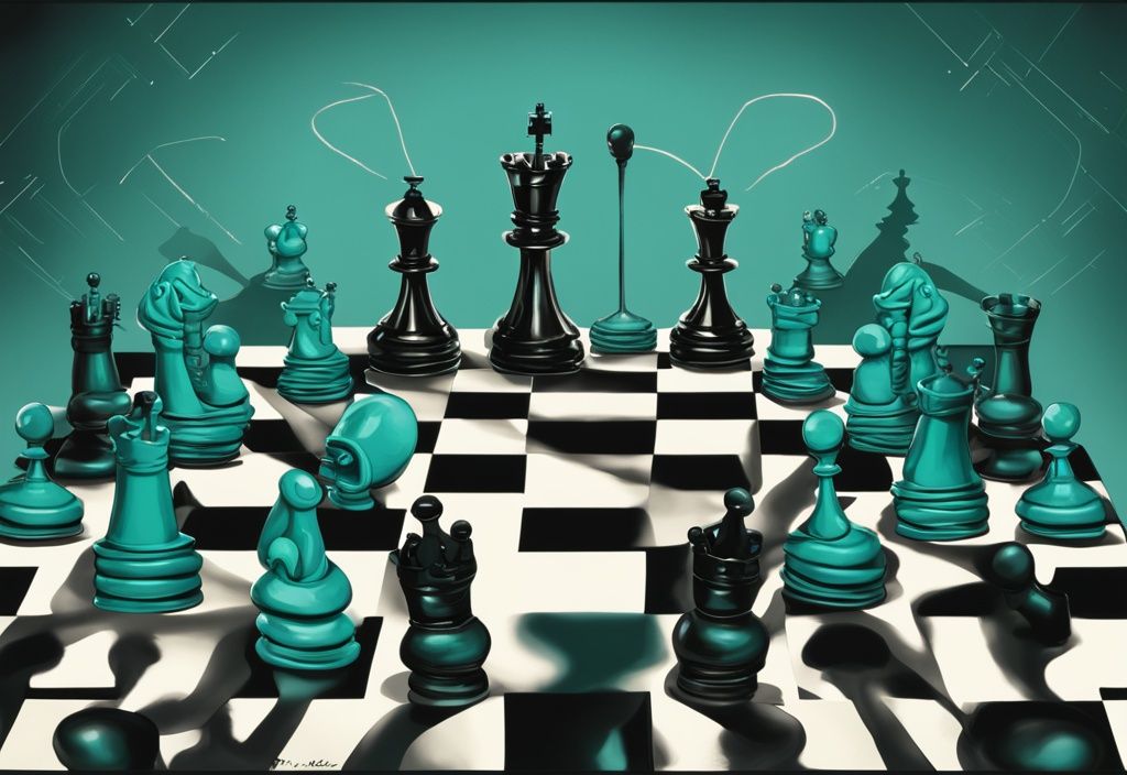 Modern digital painting of teal-themed chess pieces controlled by puppet strings with 14 signposts highlighting narcissist mind games.