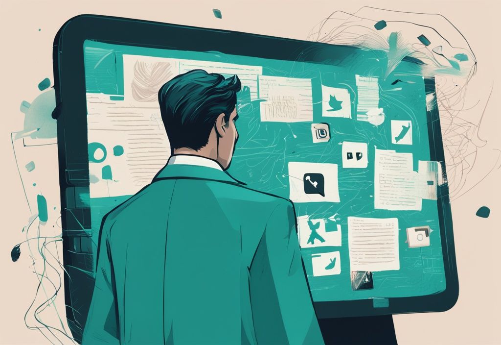 Detective examining digital screen for social media clues on how to catch a narcissist cheating, modern teal-themed illustration.