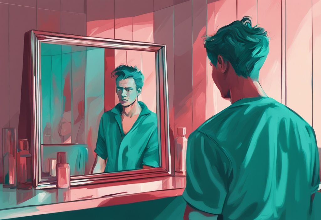 Modern digital painting of a frustrated narcissist looking into a mirror, with a teal color theme and an ignorant person in the background.