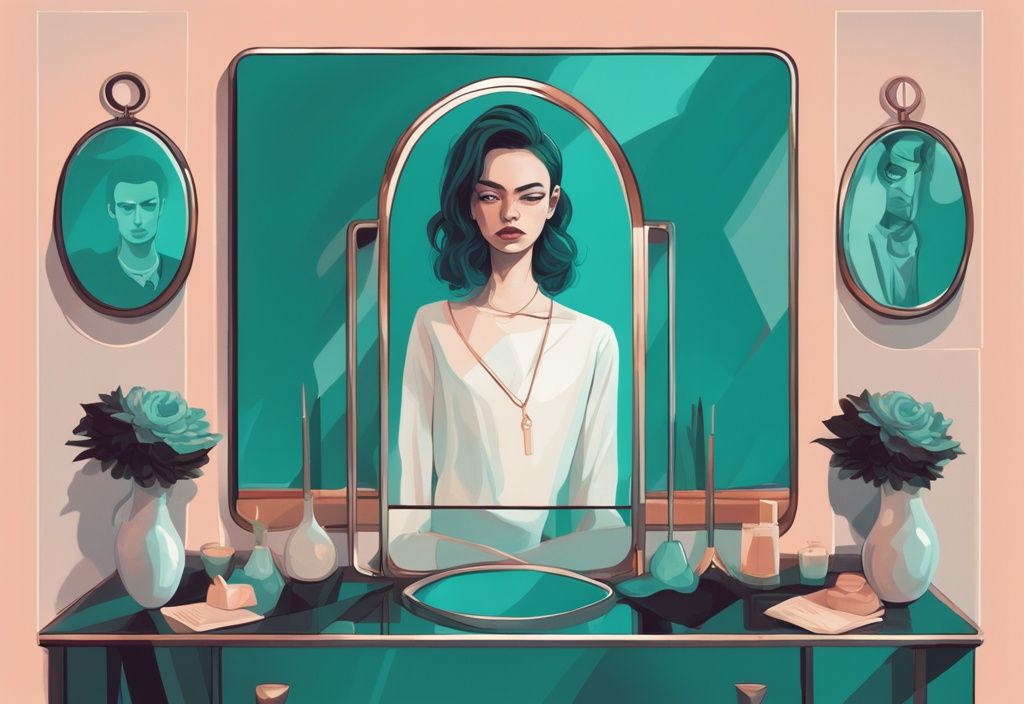 Modern digital painting of a character in a mirror with teal theme, surrounded by symbols of the 12 traits of a narcissist like self-importance, arrogance, and lack of empathy.