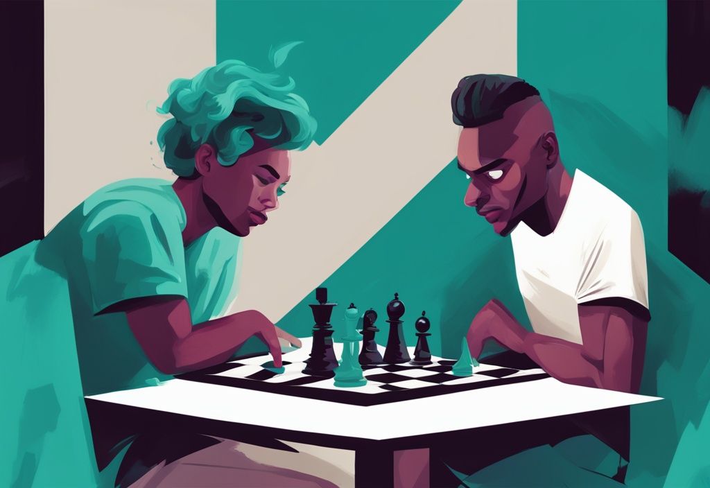 Modern digital painting of two people playing chess, one smirking confidently while the other calmly makes a winning move, teal color theme.