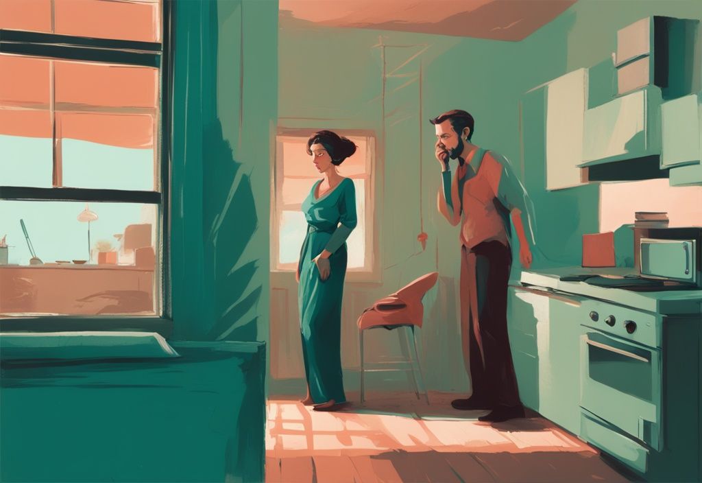 Teal-themed digital painting of a self-admiring man ignoring his wife in a tense household scene