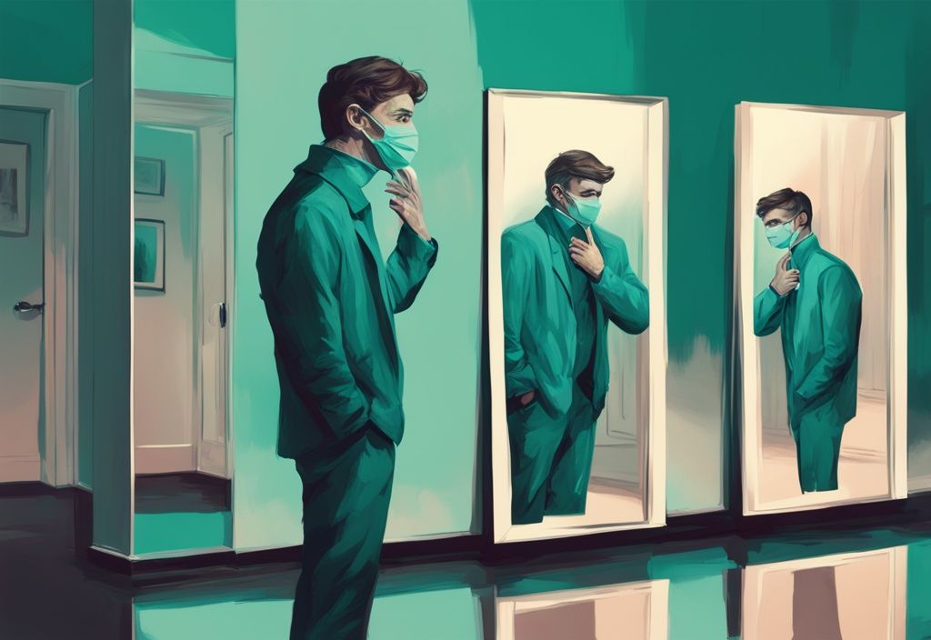 Modern digital painting of a man holding a mask and a mirror reflecting a fear-filled face, illustrating narcissist fear of exposure, with a teal color theme.