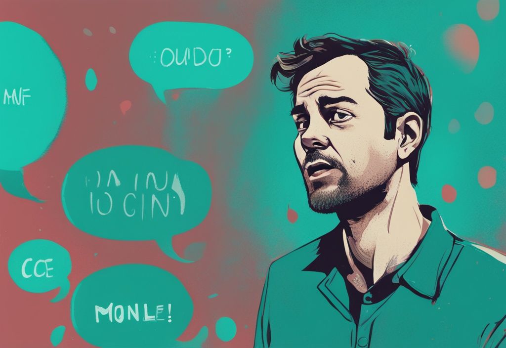 Modern digital painting of a man speaking with chat bubbles containing self-centered and manipulative phrases, illustrating things narcissistic fathers say, main color theme teal.