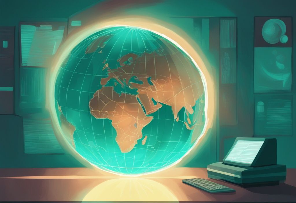 Modern digital painting in teal, globe illuminated by projector, representing worldwide data projection, when a narcissist calls you a narcissist.