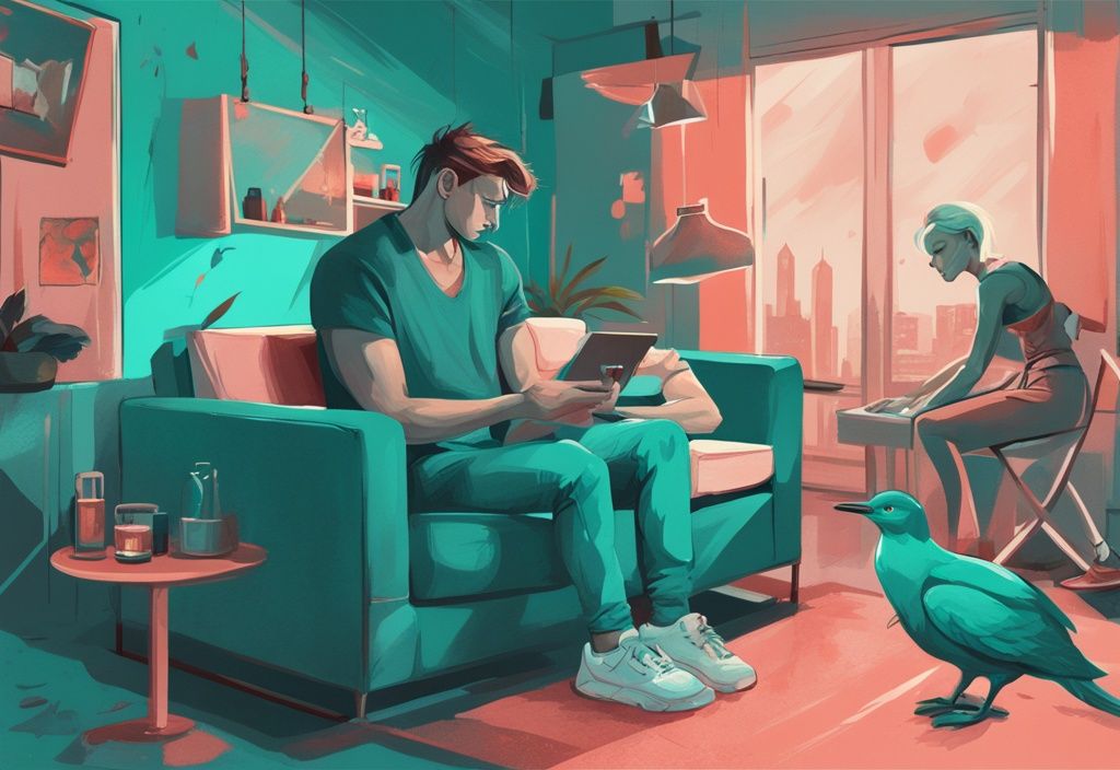 Modern digital painting featuring narcissistic fictional characters in teal theme, showcasing symbolic narcissistic traits through objects, expressions, and postures.