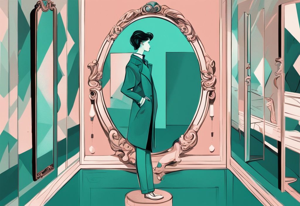 Modern digital painting illustration in teal showing a mirror with a confident character surrounded by symbols representing the 12 traits of a narcissist, including self-importance, arrogance, and lack of empathy.