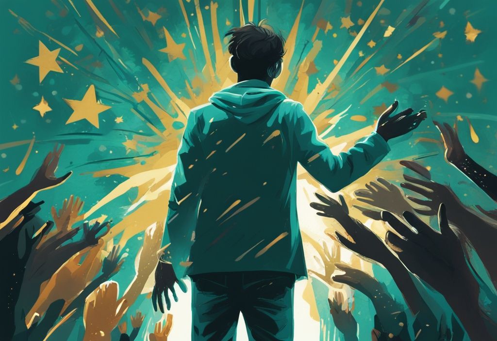 Modern digital painting of a person in teal spotlight, raising hand for attention, surrounded by applause and gold stars, with strings symbolizing crowd influence; signs a narcissist wants your attention.