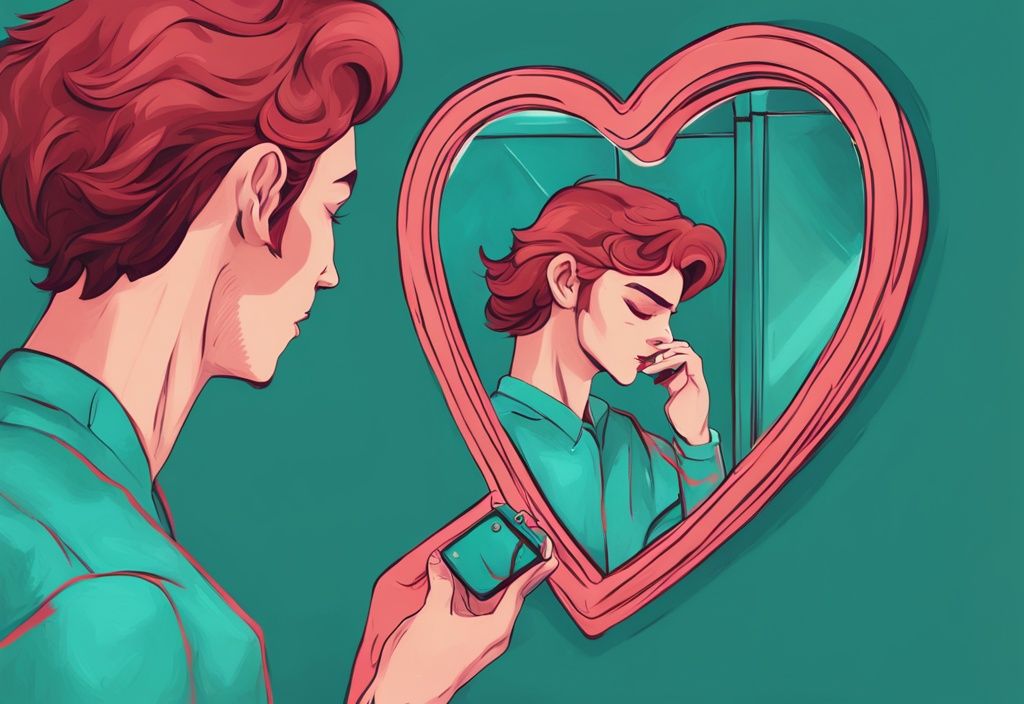 Modern digital painting of a narcissist gazing into a heart-shaped mirror, teal color theme, self-absorption with potential for affection