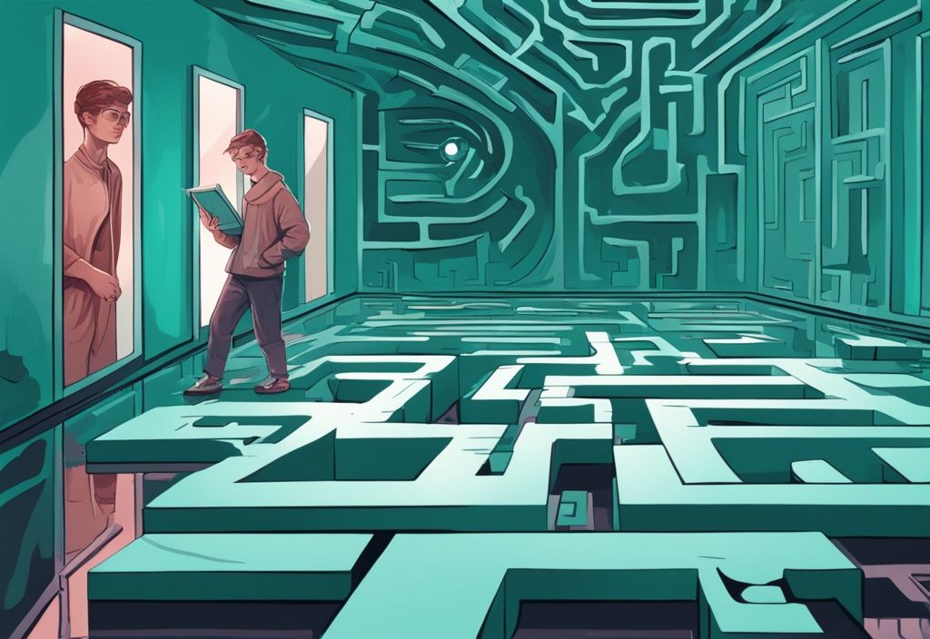 Teal-themed digital painting of a puzzled person holding a compass and a manual titled "How To Confuse A Narcissist" in front of a maze reflected in a mirror.