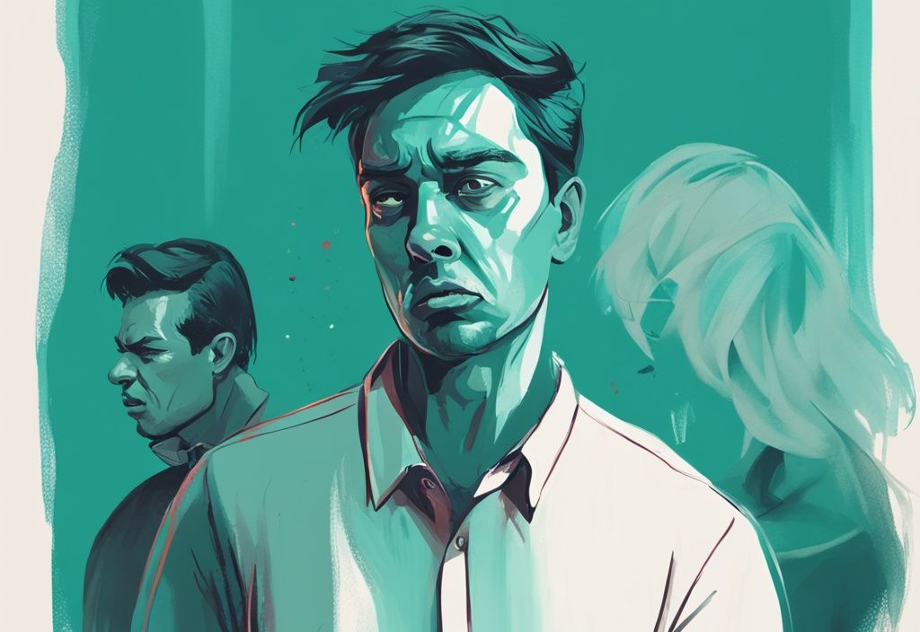 Teal-themed digital painting illustrating the effects of being married to a narcissist wife, showing a frustrated man and a self-important woman ignoring his emotions.