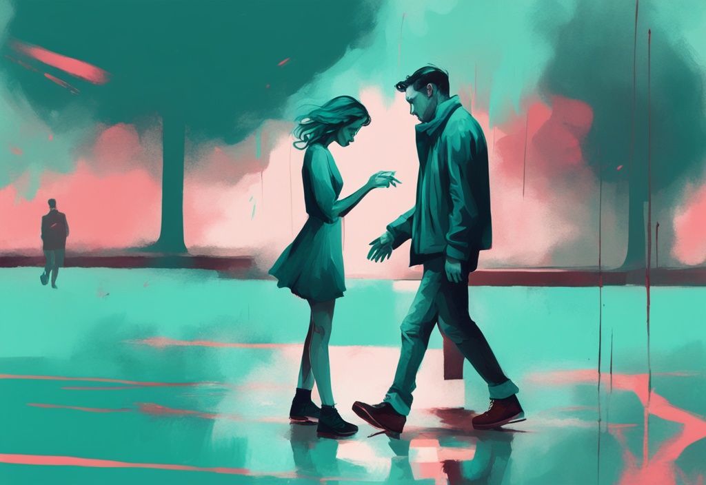 Modern digital painting of a narcissist discard, showing a narcissist walking away while a distressed person holds a broken heart, with a teal color theme.