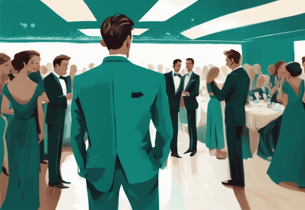 Modern digital painting of a social gathering with a covert narcissist husband subtly manipulating the conversation, main color theme teal.