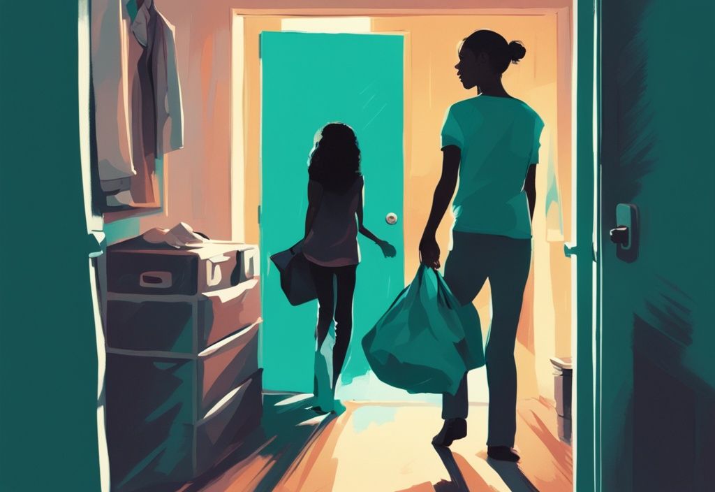 Modern digital painting of a woman packing a bag with a child beside her and a frustrated man in the background through an open door, teal color theme.