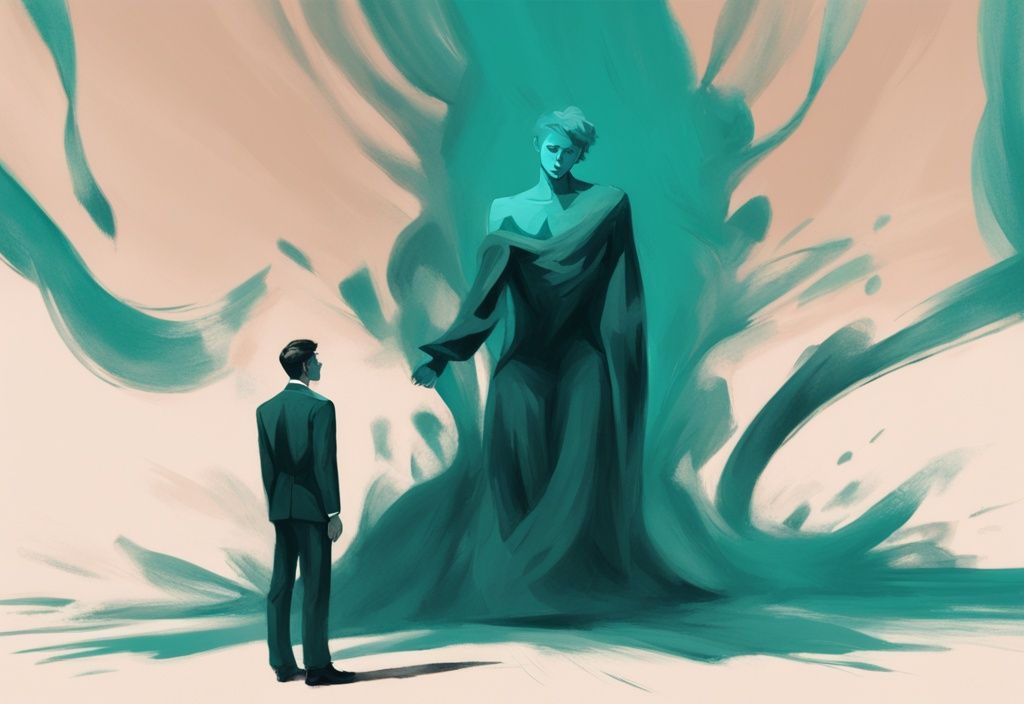 Modern digital painting illustrating narcissistic abuse examples with a teal theme, showing a person overshadowed by a larger domineering figure.