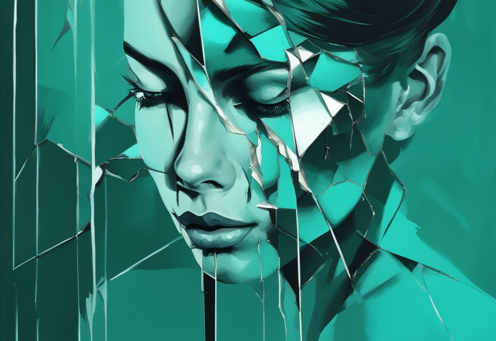 Shattered mirror with fading reflection symbolizing dissolution of narcissistic personality in teal digital painting