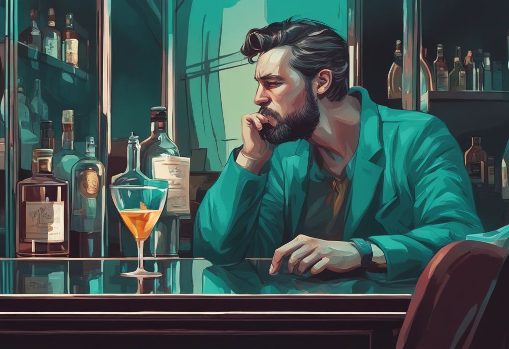 Modern digital painting of a man with a smug expression looking at his reflection in a glass of liquor, teal color theme, self-obsession.