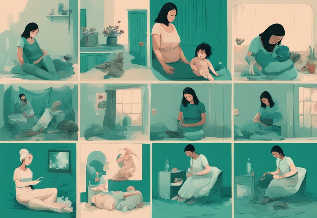 Modern digital painting illustrating eight scenes of maternal toxicity in teal, including emotional neglect and overbearing control.