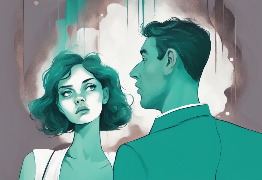 Modern digital painting of a woman curiously peering at her subtly manipulative husband with teal color theme and question marks hovering above her head