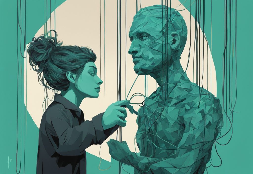 Modern digital painting of a narcissist manipulating a puppet spouse with teal color theme and tangled strings background.