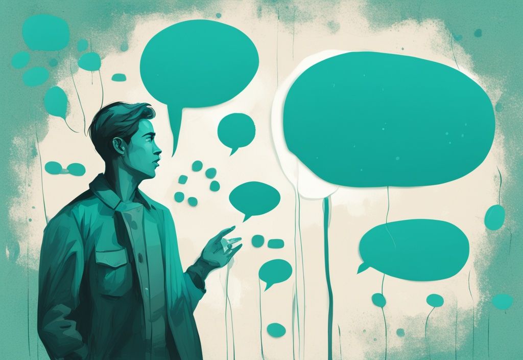 Modern digital painting with teal theme, speech bubbles displaying 50 phrases to disarm a narcissist, symbolic figure of a shrinking narcissist.