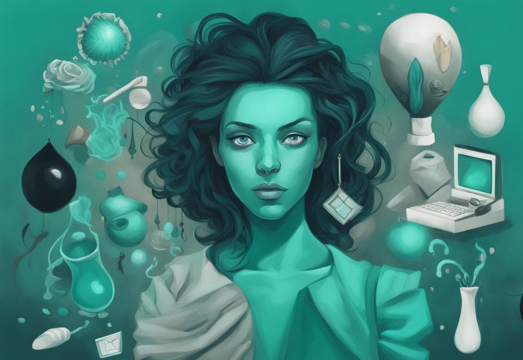 Modern digital painting illustrating narcissistic personality disorder traits in teal, featuring symbols of inflated ego, lack of empathy, and need for admiration.