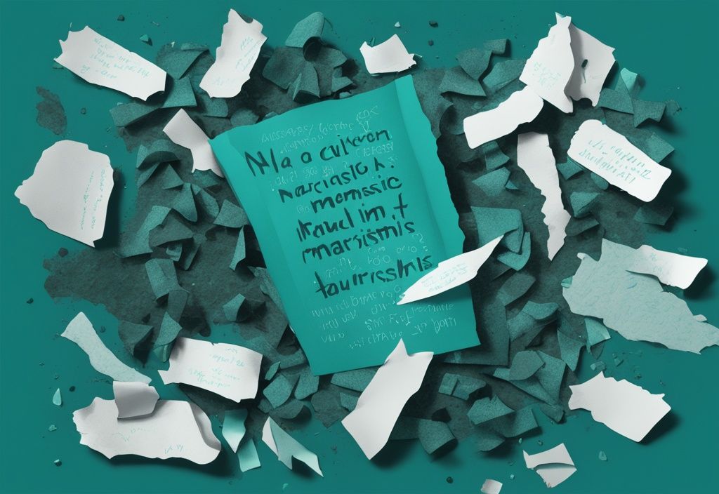 Modern digital painting with teal theme, depicting crumbled paper with narcissist mental abuse quotes, surrounded by shadowy figures representing a narcissist and a victim.