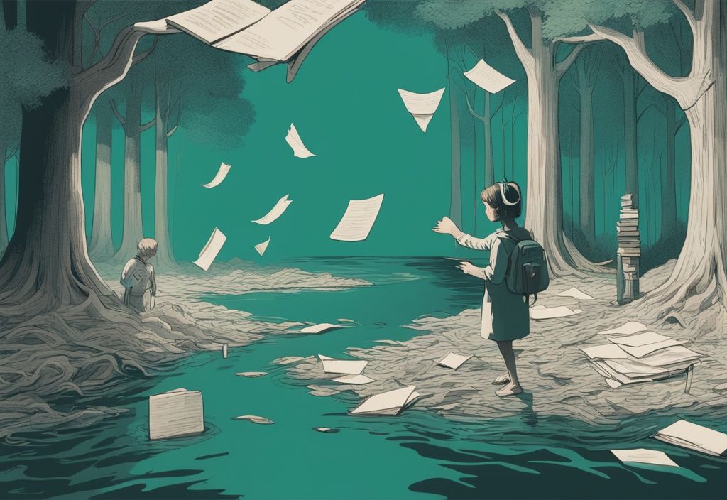 Modern digital painting with teal color theme depicting detachment, disinterest, and manipulation: hands releasing paper boat on river, people on smartphones, person with headphones ignoring chaos, girl walking away, magnifying glass over document, shadows forming illusions, person pointing from stack of books, hand manipulating puppet strings, tranquil forest, trash can with crumpled paper.