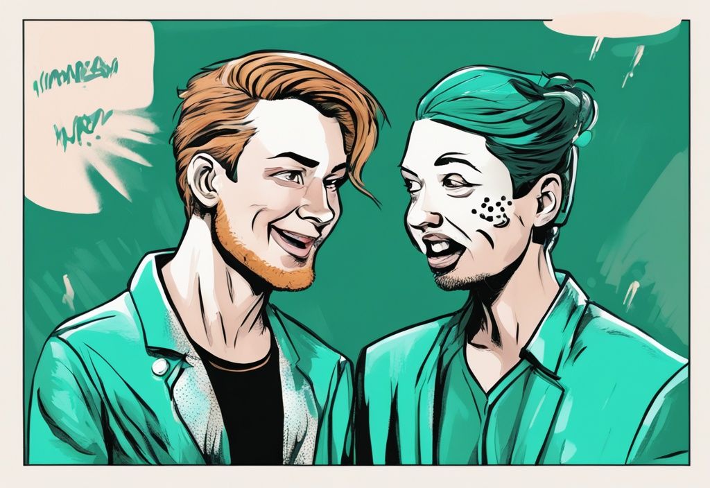 Modern digital painting illustration with teal theme, comic-styled conversation, funny things to say to a narcissist, witty comebacks, humorous dialogue.