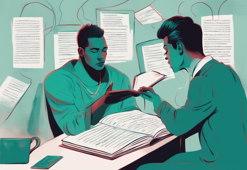 Modern digital painting of a confident person addressing a narcissistic individual with a list of phrases from a book, teal color theme