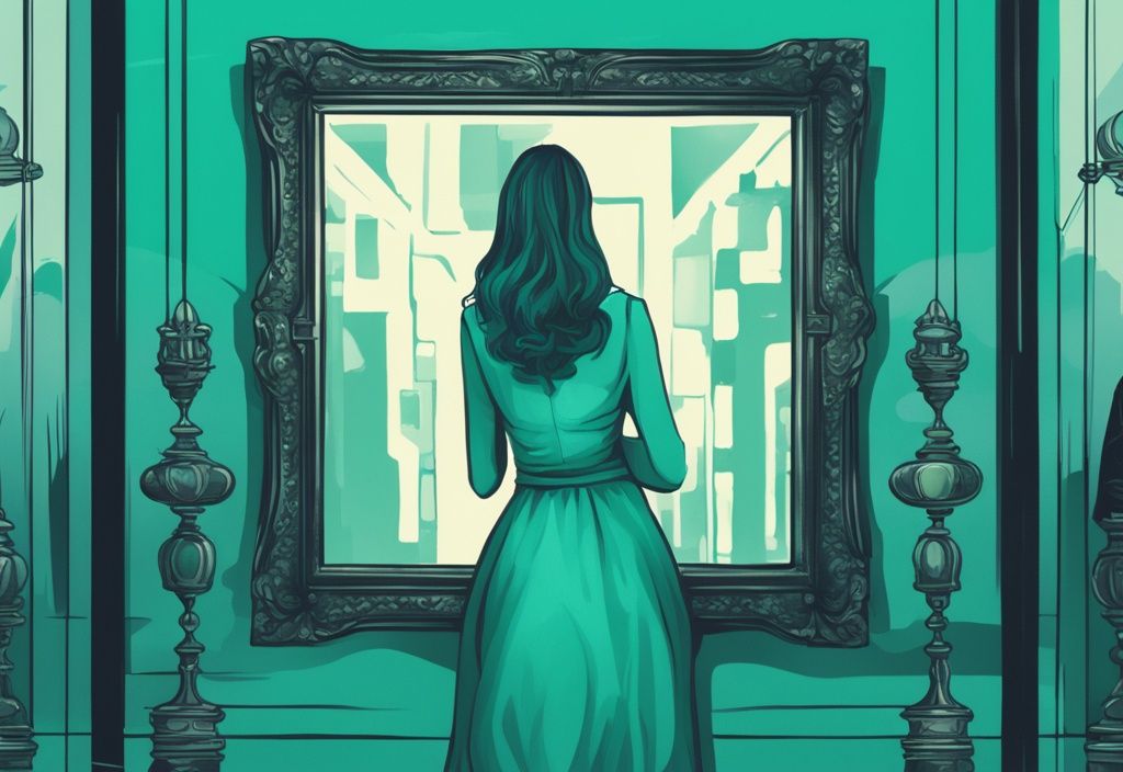 Modern digital painting of a confident person’s reflection in a mirror, teal color theme, overlayed with "DSM-5 Narcissistic Personality Disorder" text, featuring symbols like a crown and high-rise tower.