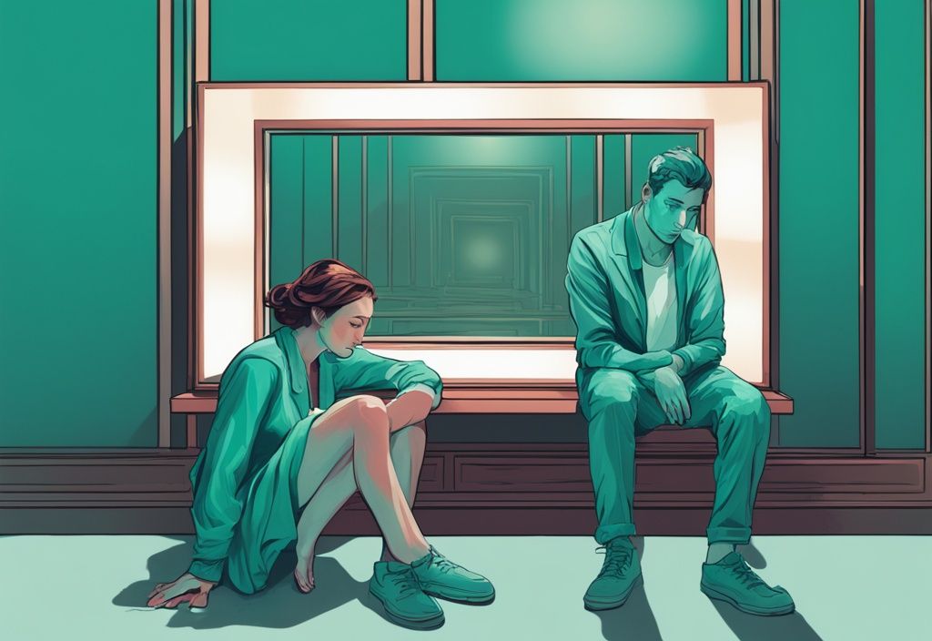 Modern digital painting of a worn-out man behind a mirror reflecting a woman admiring herself, with a teal color theme.