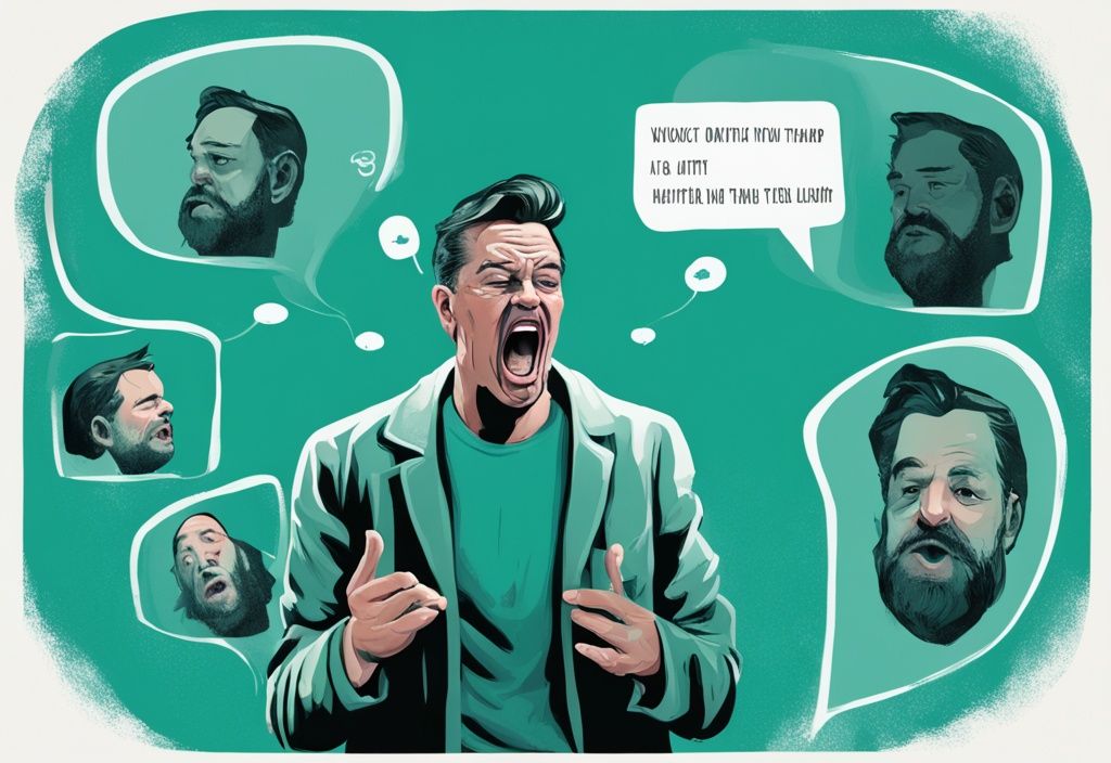 Modern digital painting of a narcissistic father in teal tones with hurtful speech bubbles.