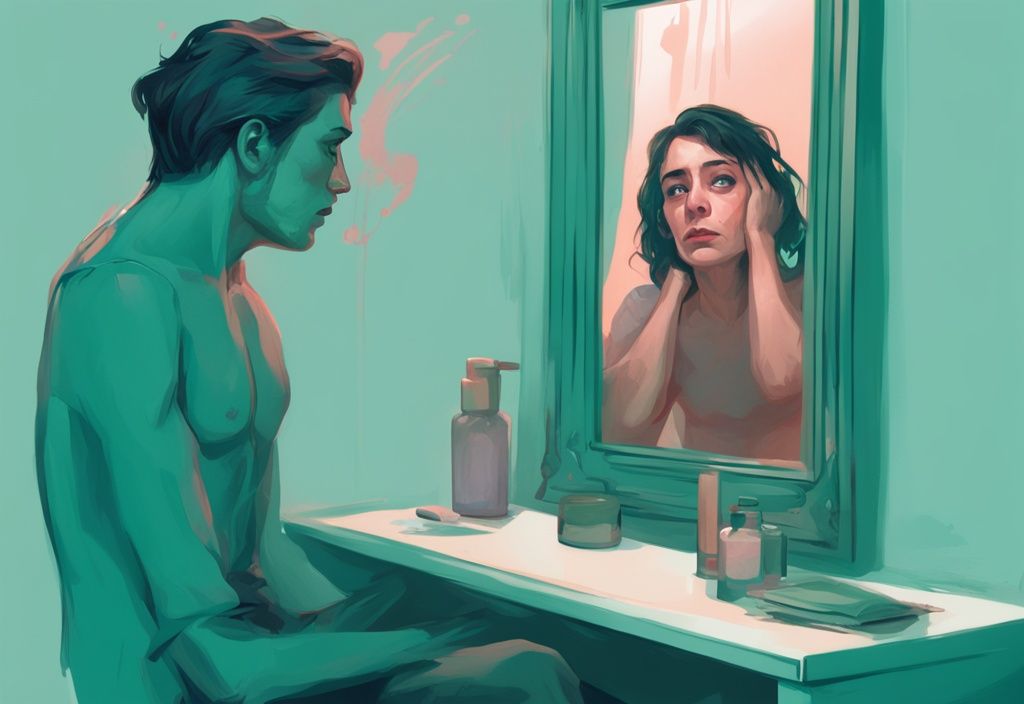 Modern digital painting of a narcissist anxiously looking into a mirror with the faded image of a discarded person in the background, illustrating why the narcissist worries after discarding you.