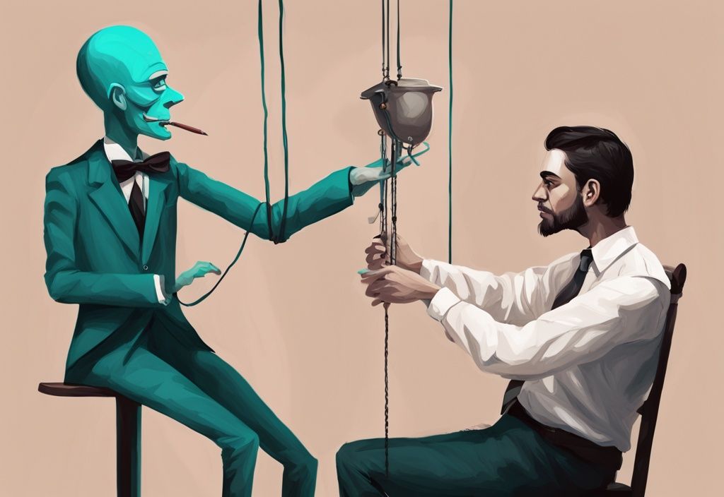 Modern digital painting of a puppet master manipulating a vanity-themed marionette, symbolizing narcissistic control, with a teal color palette.