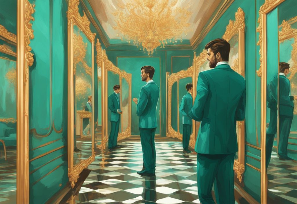 Modern digital painting of a man admiring his reflection in opulent mirrors in a teal-themed luxurious room.