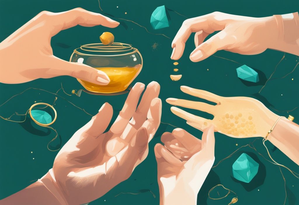 Modern digital painting with teal theme showing two hands reaching for a golden honey pot, one with a wedding ring and the other with a fly trap ring, illustrating the difference between love bombing and honeymoon phase.