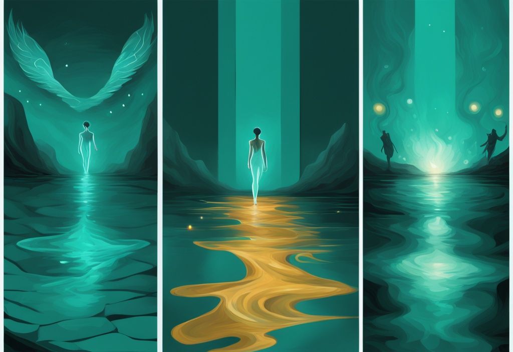 Modern digital painting illustrating journey from darkness to light, symbolizing four stages of healing after narcissistic abuse, main color theme teal