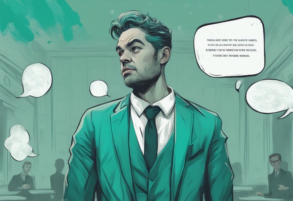 Teal-themed digital painting of a narcissistic character with derogatory speech bubbles targeting a distressed individual