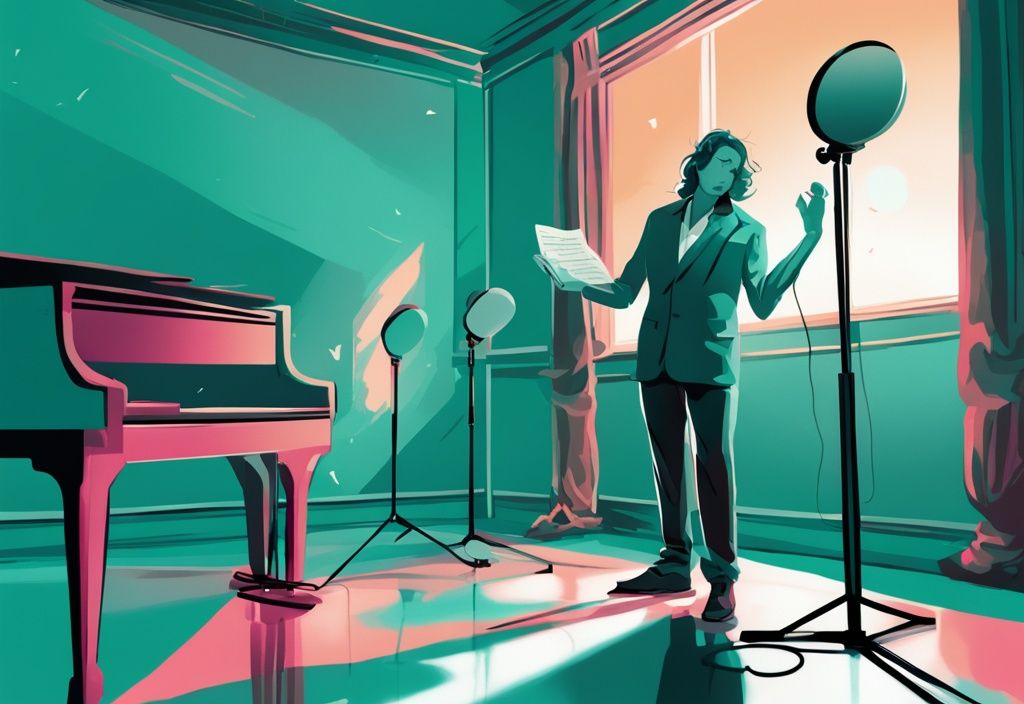 Modern digital painting of a teal-themed stage with a spotlighted microphone, reflecting in a mirror, and sheet music on the floor suggesting narcissism.