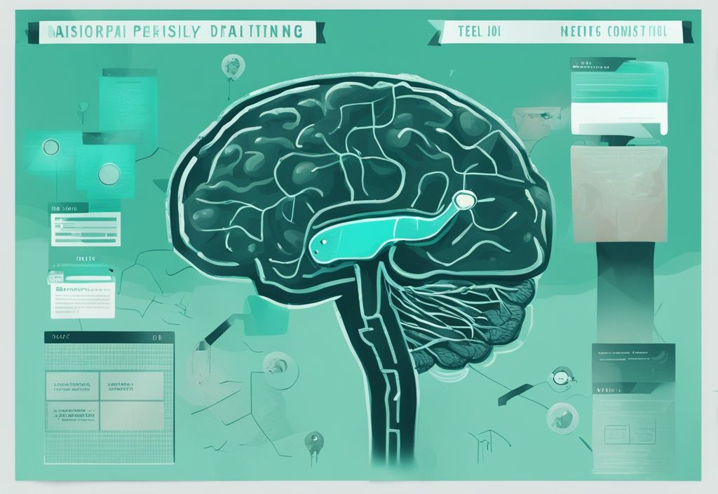 Modern digital painting of a brain with infographic labels illustrating interesting facts about narcissistic personality disorder, main color theme teal.