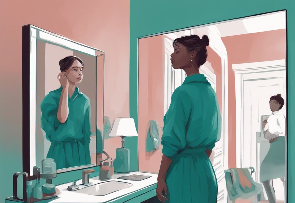 Modern digital painting of a young woman admiring herself in the mirror with her exasperated brother in the background, teal color theme