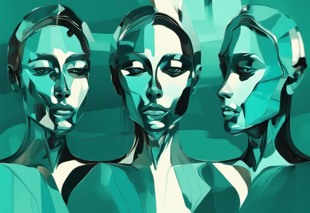 Abstract digital painting with teal theme, reflecting distorted faces of famous narcissists in a glimmering mirror.