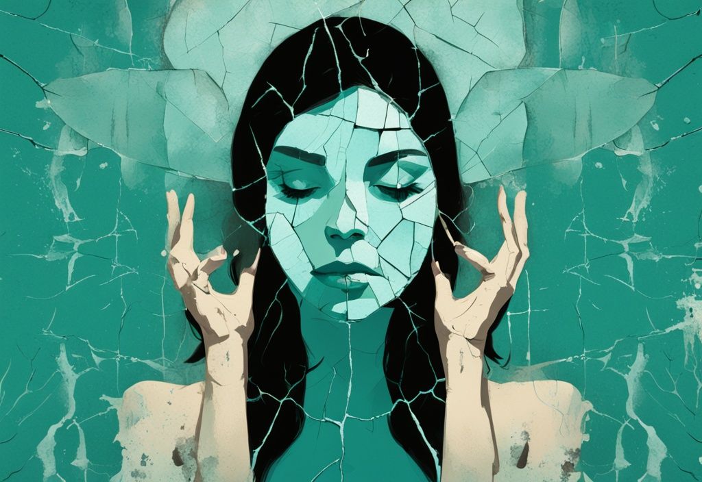 Digital painting of a cracked mirror reflecting a distressed young person, obscured by silhouetted text with quotes about toxic narcissistic motherhood, teal color theme.