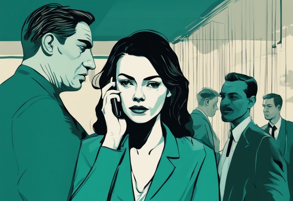 Modern digital painting of a smug woman talking on phone with multiple shadows of men in the background, suggesting secret relationships, teal color theme.